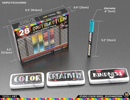 28 Southwestern Colors Acrylic Paint Pens Studio Color Series Markers Set 0.7mm Extra Fine Tip, Rock Painting, Glass, Mugs, Wood, Metal, Canvas, DIY, Detailing. Non Toxic, Waterbased, Quick Drying