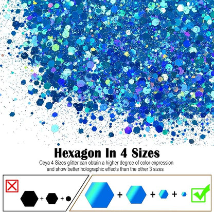 Ceya Holographic Chunky Glitter, 4.9oz/ 140g Sky Blue Craft Glitter Powder Mixed Chunky & Fine Flakes Iridescent Nail Sequins for Nail Art, Hair, Epoxy Resin, Tumblers, Slime, Painting, Festival Decor