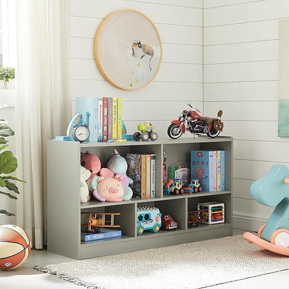 Kids Toy Storage Organizer, 5-Section Storage Cabinet for Organizing Books Toys, Wooden Bookshelf Daycare Furniture for School, Classroom Playroom, Nursery, Kindergarten (Gray)
