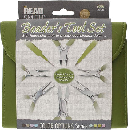 The Beadsmith Fashion Color Pliers – Set of 8 Slimline Color-Coordinated Tools – Matching Clutch in Olive – Jewelry Making Supply Kit to Create Necklaces, Bracelets, Earrings & More