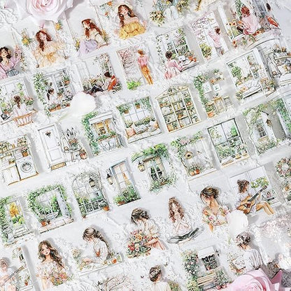 PET Tape Stickers for Junk Journal,6 Rolls Garden Stickers for Journaling Supplies,Pre-Cut Washi PET Tapes for Scrapbook Supplies, DIY Craft,Planner (Spring)