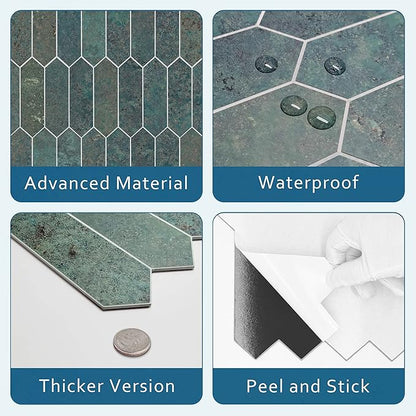 SUNWINGS Backsplash Tile for Kitchen Peel and Stick, Stone Composite Self Adhesive Tiles Faux Marble Pattern Long Hexagon Mosaic Wall Tile for Kitchen, 12 Inch x 11.22 Inch 10 Sheets Green