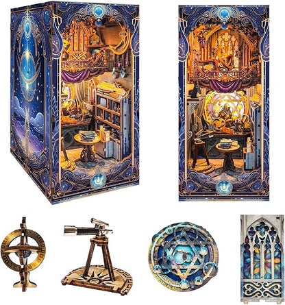 DIY Book Nook Kit, Miniature Dollhouse Booknook Kit, 3D Wooden Puzzle Bookend Bookshelf Insert Decor Diorama Kit with LED Light for Teens and Adults (Star Map Secrets)