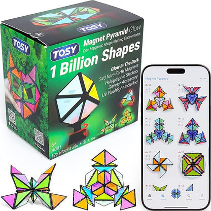TOSY Magnet Pyramid Glow - 1 Cube Transforms into 1 Billion Shapes, 12 Pieces, 243 Rare Earth Magnets, Glowing, Holographic Design Magnet Tiles Creative Puzzle STEM/STEAM Toy