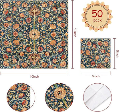 Quera 50 Pack William Morris Cocktail Napkins Vintage Floral Blue Paper Napkins Disposable Dessert Dinner Baby Shower Party Supplies Napkins Decorative -5 X 5 Inches