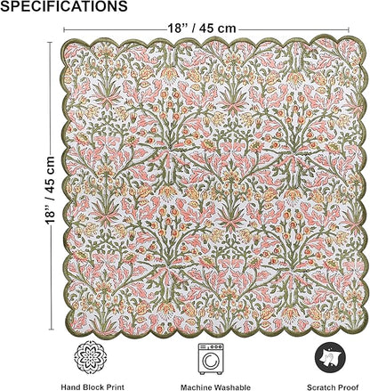 Ridhi Sassy Salmon Pink Hand Block Print Napkins 18" x 18" Set of 4 Reusable Cotton Dinner Napkins for Weddings, Parties & Everyday Dining, Thanksgiving, Christmas, Fall