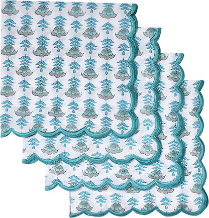 Ridhi Aquamarine Blue Hand Block Print Napkins 18" x 18" Set of 4 Reusable Cotton Dinner Napkins for Weddings, Parties & Everyday Dining, Thanksgiving, Christmas, Fall