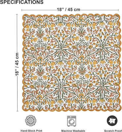 Ridhi Goldenrod Yellow Fern Green Hand Block Print Napkins 18" x 18" Set of 4 Reusable Cotton Dinner Napkins for Weddings, Parties & Everyday Dining, Thanksgiving, Christmas, Fall
