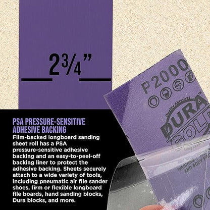 Dura-Gold Premium 2000 Grit PSA Purple Film Ceramic Longboard Sandpaper, 2-3/4" Wide Continuous 20 Yard Roll - Self Adhesive Stickyback for Auto & Wood Air File Long Board Sanders, Hand Sanding Blocks