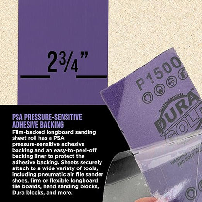 Dura-Gold Premium 1500 Grit PSA Purple Film Ceramic Longboard Sandpaper, 2-3/4" Wide Continuous 20 Yard Roll - Self Adhesive Stickyback for Auto & Wood Air File Long Board Sanders, Hand Sanding Blocks