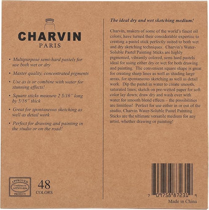 Charvin Artist Colored Chalk Pastels (Set of 48) - Water Soluble, Assorted Pastel Color Sticks for Wet, & Dry Painting