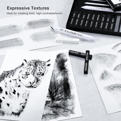 KALOUR 15 Pro Compressed Charcoal Drawing Set with Blending Stumps- Soft,Medium,Hard and White Charcoal - Charcoal Sticks for Drawing Sketching Shading - Art Supplies for Artists Beginners Adults