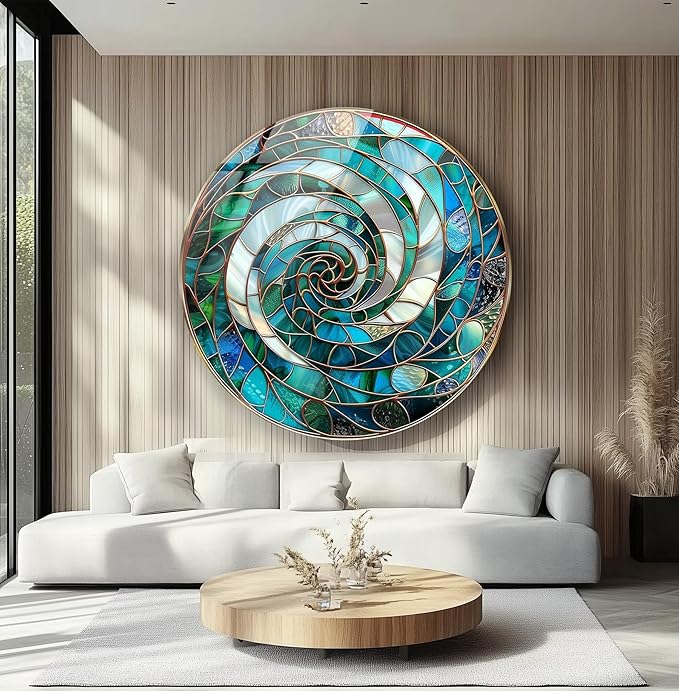 My Photostation.com 20''(50cm) Diameter Aqua Spiral Harmony Round Glass Wall Art Tempered Glass Printing Wall Decor Large Wall Art Wall Hangings