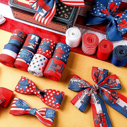 12 Rolls 60 Yards 4th of July Patriotic Ribbon Stars and Stripes Burlap Wired Edge Ribbon White Blue Red Decorative Crafts for Independence Day Memorial Day Gift Wrapping DIY Bow Craft