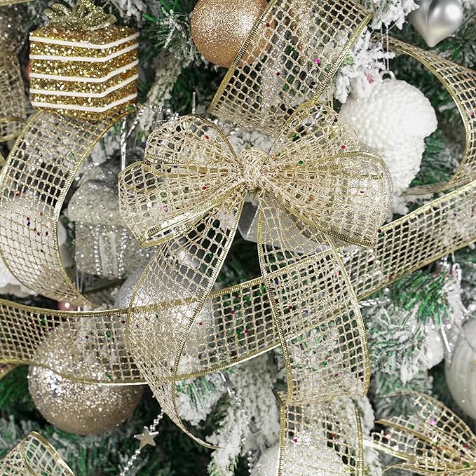 MEEDEE Champagne Gold Glitter Ribbon - 2.5 Inch Square Mesh Net Wired Ribbon with Rainbow Sparkle for Christmas Tree Decoration, Wreath Bow Making (25 Yards)