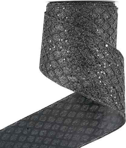 HUIHUANG Black Glitter Wired Ribbon 4 inch Black Christmas Tree Ribbon Diamond Mesh Wire Ribbon for Tree Decorations, Wreaths, Garland, Large Bows Making, Halloween Decor -10 Yards
