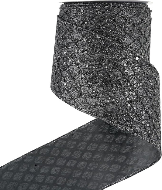 HUIHUANG Black Glitter Wired Ribbon 4 inch Black Christmas Tree Ribbon Diamond Mesh Wire Ribbon for Tree Decorations, Wreaths, Garland, Large Bows Making, Halloween Decor -10 Yards