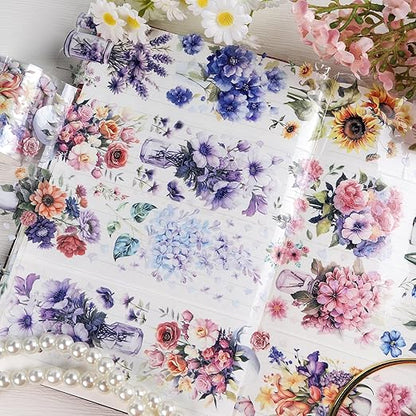 Journaling Scrapbook PET Tapes - Floral Scrapbooking Junk Journal Supplies, Flower Decorative Tapes for Art Crafts, Aesthetic Washi Tapes Scrapbooking Supplies, Floral Journaling Tapes