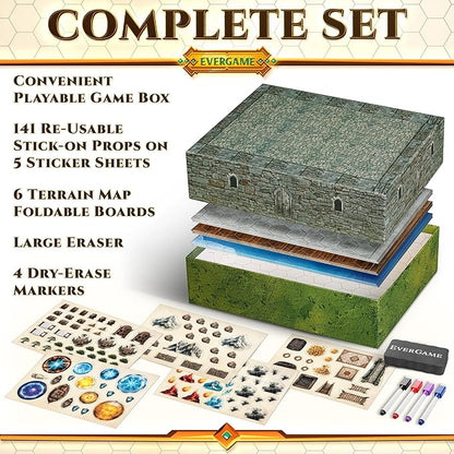 10 DND Game Mats and a lot More - Includes 6 Dungeons & Dragons Board Game Battle Maps (1" Hex Grid), Huge Size 22x26-4 3D Battle Arenas, 140+ Reusable Stickers, 4 Markers & Eraser, by EverGame