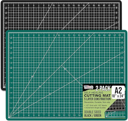 U.S. Art Supply 18" x 24" Self-Healing Cutting Mat 5-Ply (2 Pack) - Double-Sided Green/Black Craft Mat, Non-Slip Cutting Mats for Crafts, Sewing, Quilting, Scrapbooking
