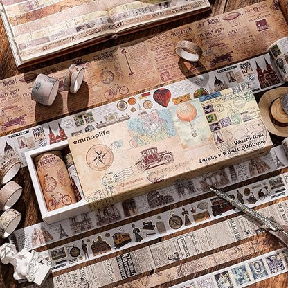 24 Rolls Vintage Washi Tape Set, Antique Car Buildings Map Stamp Stripe Writable Aesthetic Washy Decorative Tapes for Scrapbooking, Junk Journal Supplies, Bullet Journaling 5-75mm Wide (3m Long)/Roll