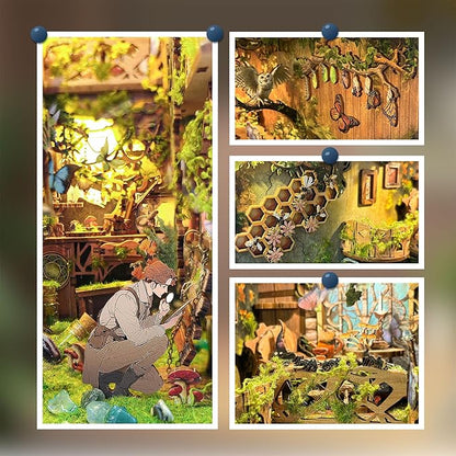 DIY Book Nook Kit,DIY Dollhouse Booknook Bookshelf Insert Decor,3D Wooden Puzzles with LED Dust Cover,Book Nook Miniature Kit,Birthday Halloween Home Decor for Teens Adult-Insects Story