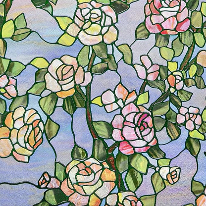 3D Stained Glass Window Film, Decorative Window Privacy Film for Bathroom, Front Door, Home, Sun Blocking Heat Control, Static Cling, Beast Rose 35.4inch x 78.7inch