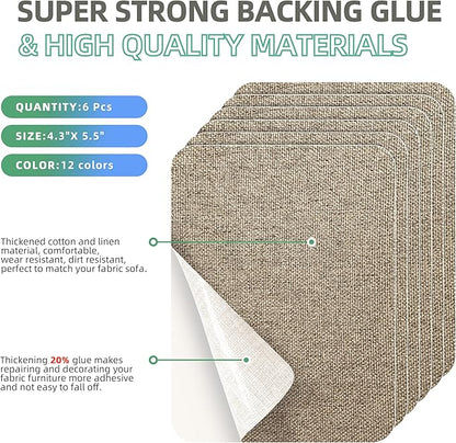 Azobur Coarse Linen Repair Patches, 6 Piece Self-Adhesive Linen Fabric Patches, Multi Color, Can be Used for Linen Sofa Repair and Linen Clothes Repair, Quick Fix Sofa.(Khaki)