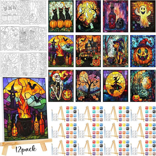 Zhanmai 12 Pack Pre Drawn Canvas for Painting Sip and Paint Kit 8" x 10" Paint Party Set Canvas Painting Pre Printed Canvases for Party Favor DIY Virtual Adult's Date Night (Vivid Ghost)