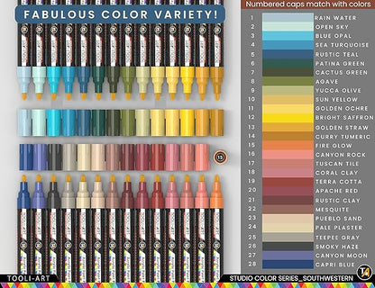 28 Southwestern Colors Acrylic Paint Pens Studio Color Series Markers Set 3mm Medium Tip, Rock Painting, Glass, Mugs, Wood, Metal, Canvas, DIY Projects, Detailing. Non Toxic, Waterbased, Quick Drying