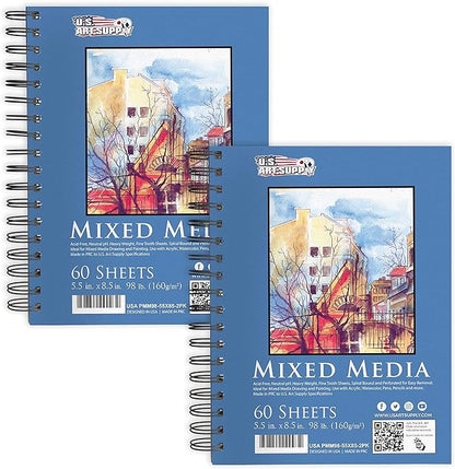 U.S. Art Supply 5.5"x8.5" Mixed Media Sketchbook, 2 Pack (60 Sheets), 98 lb (160 GSM) - Spiral-Bound Pad with Perforated Acid-Free Paper - Artist Sketch Book for Drawing, Painting, Watercolor