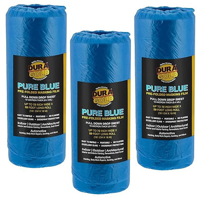 Dura-Gold 72" x 59' Pure Blue Pre-Folded Masking Film, (3 Pack) Painters Plastic Roll (0.4 Mil), Pull Down Drop Sheet, Pre-Folded Plastic Sheeting for Painting Protection on Auto, Walls, Furniture