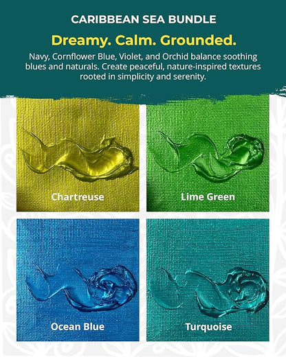 The Crafter's Workshop Stencil Butter - Caribbean Sea Acrylic Paint Set - Boutique Metallic Texture Paste for Art, Canvas, Journals, & Cards - 4 x 2oz Jars