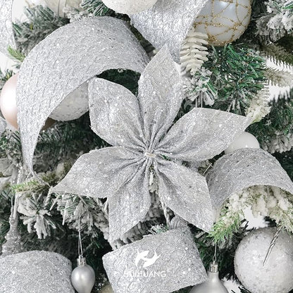 HUIHUANG Silver Glitter Wired Ribbon for Christmas Tree 2.5 inch Silver Diamond Mesh Ribbon for Tree Decoration, Wreaths, Garland, Gift Wrapping, Large Bows Making, Home Decor -10 Yards