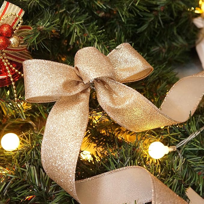 CT CRAFT LLC Glitter Wired Ribbon 1.5" x 10 Yards Gold (Champagne Gold) for Christmas Home Decor Bow Gift Wrapping DIY Crafts Wreath