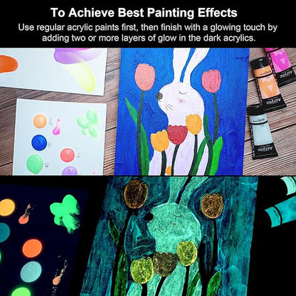 AUREUO Glow in the Dark Acrylic Paint, 8 Colors x 0.71 Fl Oz / 21ml Neon UV Black Light Paints for Easter Rocks, Wood, Craft, Canvas, Paint Party Supplies