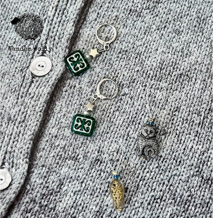 Handmade Stitch Markers for Knitting and Crochet, Two Green Floral Removable Rings, Gold-Edged Fish and Gray Cat Closed Ring, with Storage Case.