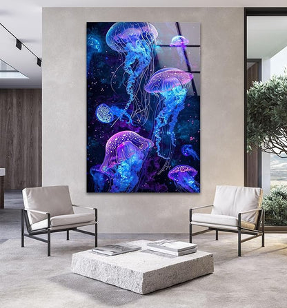 My Photostation.com Round 24'' Glowing Jellyfish Glass Wall Art Tempered Glass Printing Wall Decor Large Wall Art Wall Hangings