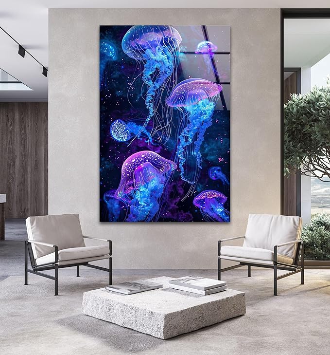 My Photostation.com 30Wx35.5H'' Glowing Jellyfish Glass Wall Art Tempered Glass Printing Wall Decor Large Wall Art Wall Hangings