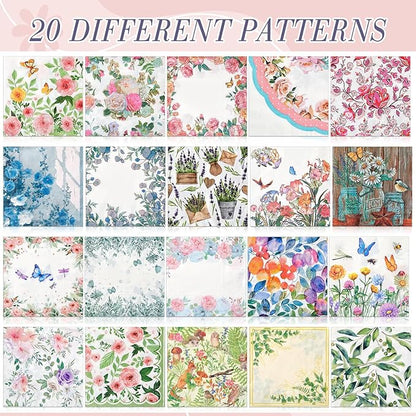 Crtiin 20 Pack Assorted Floral Napkins for Decoupage Toilet Napkins Flower Cocktail Decorative Paper for Birthday Party Beautiful Gorgeous, 20 Styles Each 6.5 inches(Style 6)
