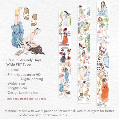 WT Pre-Cut Leisurely Days PET Tape Roll, Original Designs, Decorative Artist Tape for Bible Journaling, Bullet Journals, Scrapbooks, Planners & DIY Craft Supplies