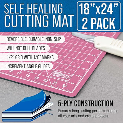 U.S. Art Supply 18" x 24" Self-Healing Cutting Mat 5-Ply (2 Pack) - Double-Sided Pink/Blue Craft Mat, Non-Slip Cutting Mats for Crafts, Sewing, Quilting, Scrapbooking