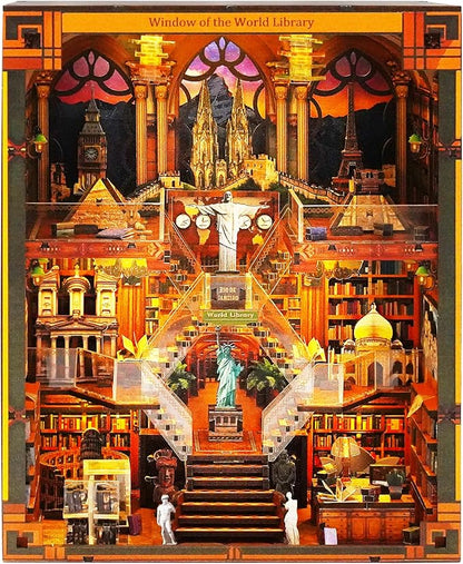 Book Nook Kits for Adults – The World Library Booknook – 3D Wooden Puzzle with LED Lights – Creative Bookshelf Insert & Educational Gift for Book Lovers & DIY Enthusiasts
