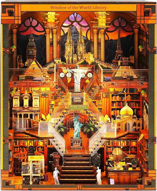 Book Nook Kits for Adults – The World Library Booknook – 3D Wooden Puzzle with LED Lights – Creative Bookshelf Insert & Educational Gift for Book Lovers & DIY Enthusiasts