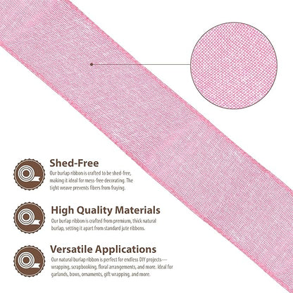 Mandala Crafts Pink Burlap Wired Ribbon 3 Inches Wide Jute Ribbons for Crafts - 10 Yds Roll Rustic Burlap Wrap Trim Ribbons for Wreaths Bows Party Decoration
