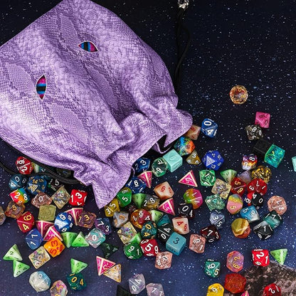 Large DND Dice Bag Leather Dice Storage Bag Purple D&D Drawstring Pouch with Pockets for RPG Table Games - Can Hold 200+ Polyhedral Dice