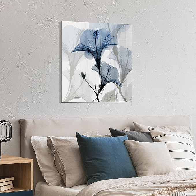 Empire Art Direct Frameless Free Floating Tempered Glass Panel Graphic Wall Art Ready to Hang, 24" x 24", Blue X-ray Floral, Flower wall art