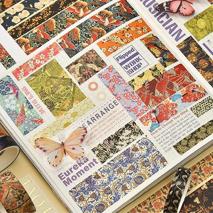12 Rolls Kyoto Charm Washi Tape Set Japanese Arts Adhesive Tapes Geometric Garden Decorative Masking Tape Sets for Craft, Kids, Scrapbook, DIY, Gift Wrapping (Floral Bird)