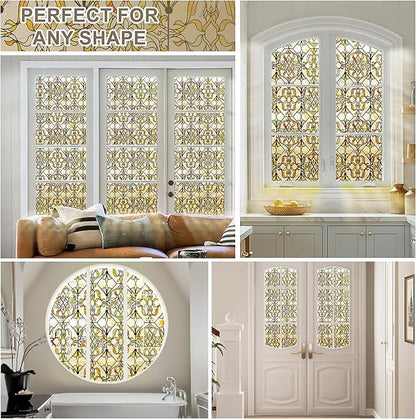 3D Stained Glass Window Privacy Film, Heat Control UV Blocking Static Cling Decorative Window Film for Bathroom,Front Door,Home Non Adhesive 16.9 x 78.7 inches Golden Filigree