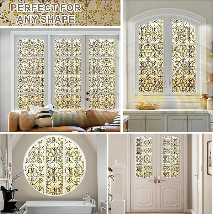 3D Stained Glass Window Privacy Film, Heat Control UV Blocking Static Cling Decorative Window Film for Bathroom,Front Door,Home Non Adhesive 35.4 x 78.7 inches Golden Filigree